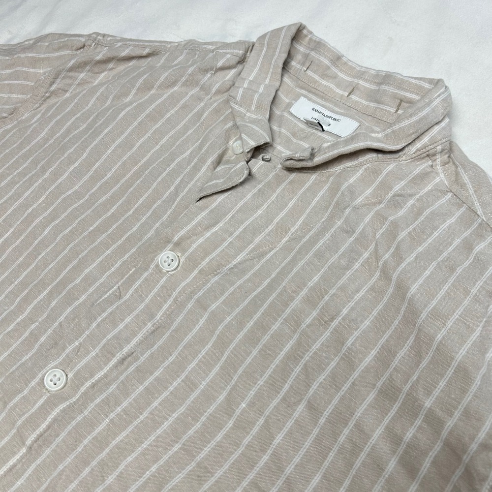 Banana Republic Mens XL Linen Blend Short Sleeve Striped Button Down Shirt Tan